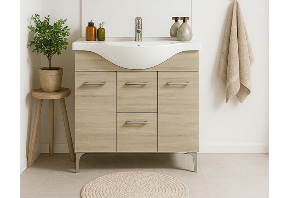 Απεικονίζεται ο πάγκος και ο νιπτήρας του επίπλου μπάνιου